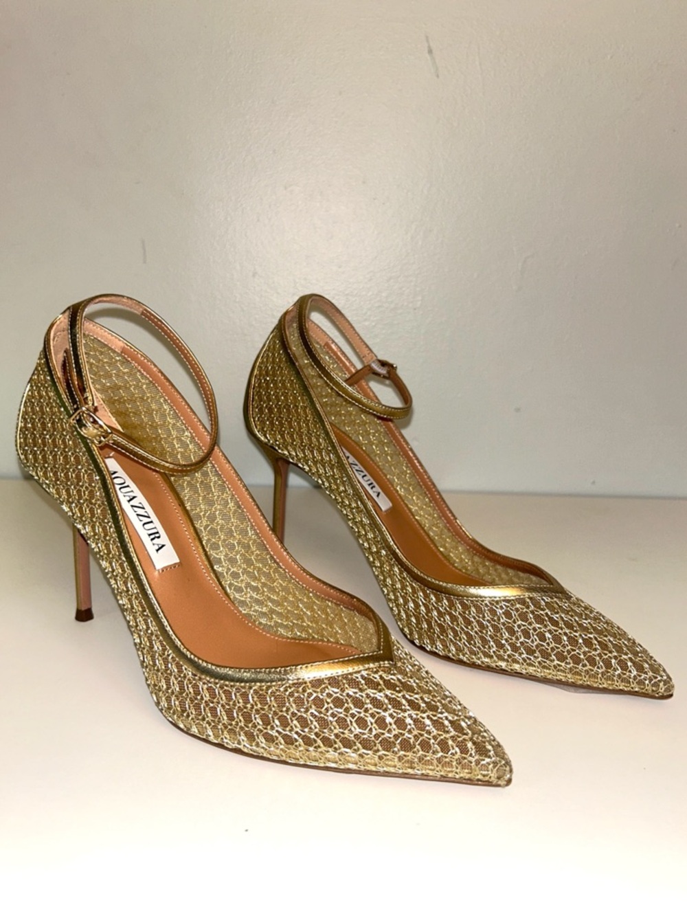 Aquazzura Asha Mesh Pump 85 Metallic Gold Pointed Toe AUTHENTIC - Picture 3 of 11
